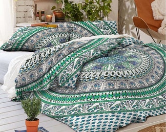 Elephant Mandala Queen Duvet Cover Set: Bohemian Cotton Bedding