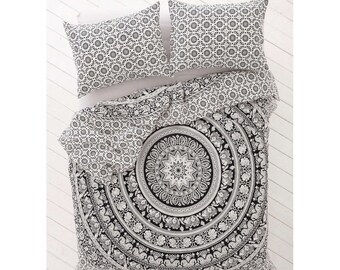 Housse de couette mandala éléphant noir et blanc : parure de lit grand lit bohème