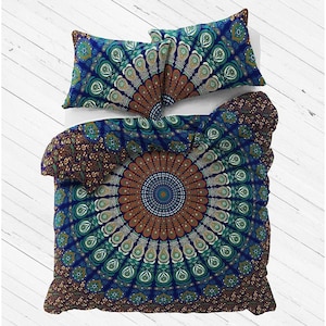 Indian Peacock Cotton Mandala Cubierta acolchada hecha a mano Manta nórdica Hippie Queen Size Duvet Cover con 2 almohadas Mandala Duvet Cover