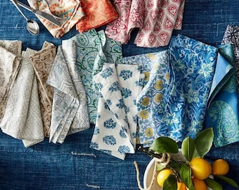 Servilletas de algodón estampadas a mano: Juego de combinación Boho Indigo
