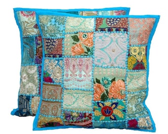 Embroidered Patchwork Cushion Cover: Khambadi Boho Pillow, 16-24 inch