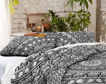 Ensemble housse de couette Elephant Mandala Queen : literie bohème en coton noir et blanc