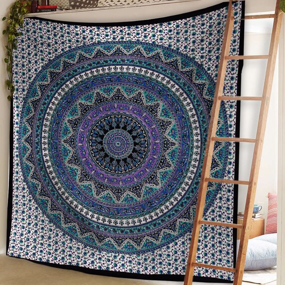 手刷りコットン曼荼羅タペストリー：ボヘミアン風壁掛け - Etsy 日本