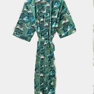 Cotton Kimono Robe: Banana Leaf Print, Soft Green Bath Robe