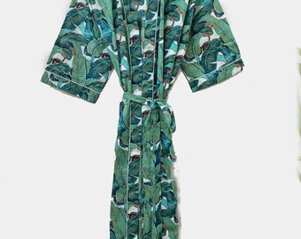 Cotton kimono Robes, Banana leaf print Kimono, Soft and comfortable Bath robes, wrap dress, House Coat Robe Green