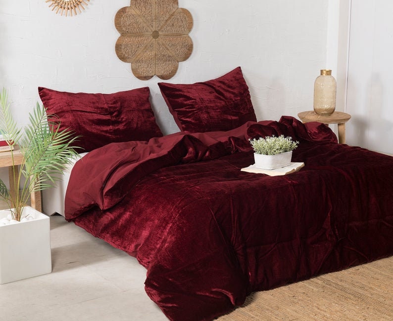 Wine Burgundy Red 3 Pieces Set Luxury Crushed Velvet Duvet Etsy
