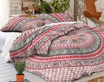 Ensemble housse de couette éléphant mandala reine : literie bohème en coton indien