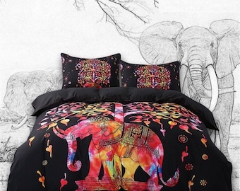 Elephant Mandala Queen Duvet Cover Set: Boho Cotton Bedding