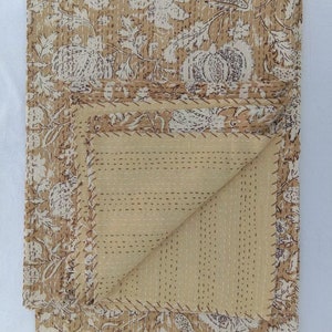 Floral Block Print Kantha Quilt: Reversible Cotton Bedspread (120x120)