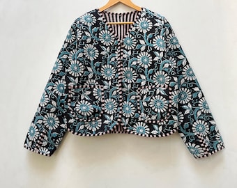 Handmade Reversible Cotton Quilted Jacket: Indian Block Print, Bohemian Floral