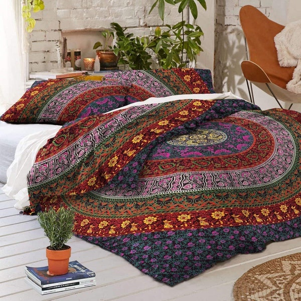 Bohemian Mandala Queen Duvet Cover Set: Indian Tapestry Bedding