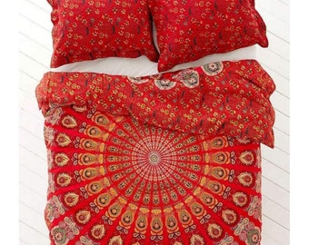 Indian Peacock Mandala Queen Duvet Cover Set: Boho Cotton Bedding