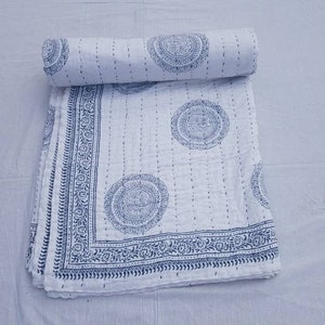 Indian Handblock Printed Kantha Quilt Queen , Twin Size Kantha Throw Pure Cotton Blanket kantha quilt kantha throw, Blanket