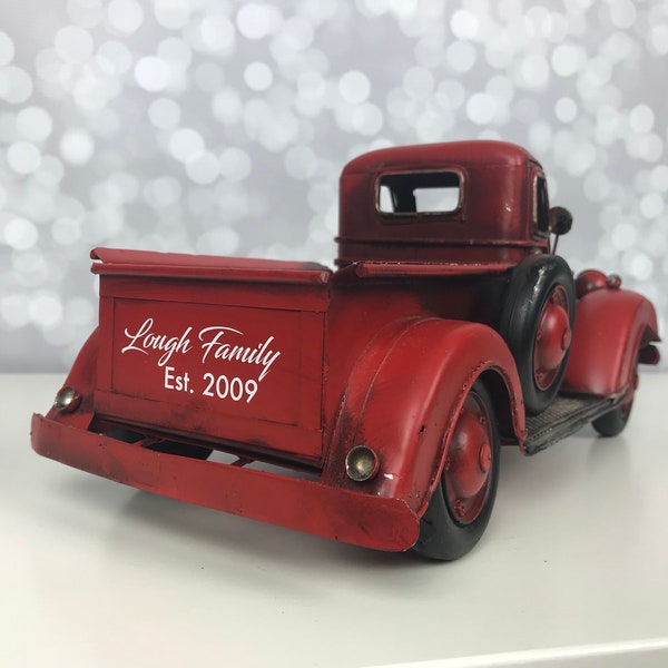 Farmhouse Christmas Truck, Red, Black, Aqua Metal Truck, Vintage Red Metal Farm Truck, with Family Name, approx. 13" L x 6" W x 5 1/2" H