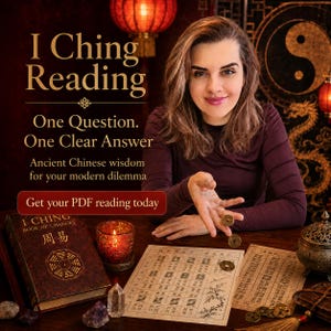 May include: An I Ching reading service advertisement featuring the text I Ching Reading, One Question. One Clear Answer, Ancient Chinese wisdom for your modern dilemma, and Get your PDF reading today. Includes a book, coins, and charts.