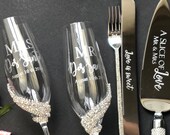 Personalized wedding glasses Mr and Mrs Laser engraved Anniversary gift Personalized Engraved Wedding champagne flutes cake server silver