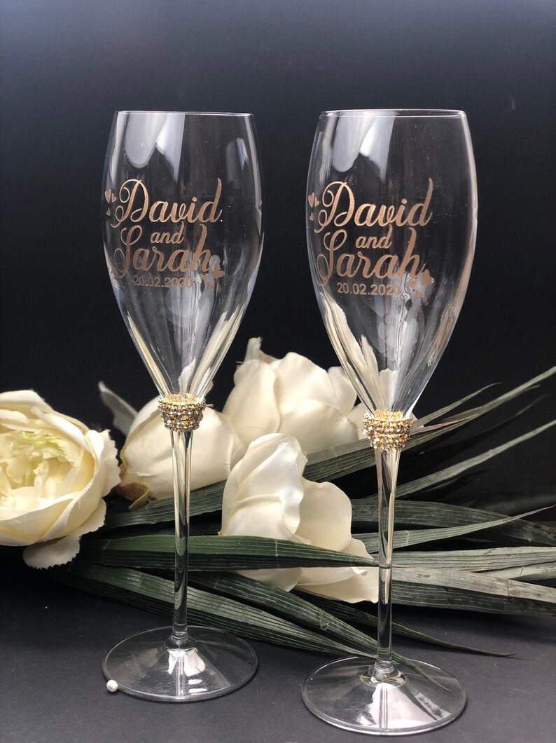 Engraved wedding CRYSTAL champagne flutes Mr and Mrs Laser Etsy
