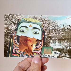 Collage abstracto sobre postal antigua, arte original, postal alterada, arte de collage hecho a mano, arte pequeño, arte absurdo, arte extraño