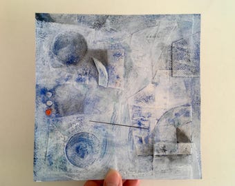 Monochrome Painting in Grey and Blue, Abstract Geometric Wall Art 7x7 inches