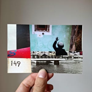 Colagem contemporânea feita à mão em cartão postal vintage, arte original, cartão postal alterado, arte de colagem abstrata, arte pequena, arte para casa,
