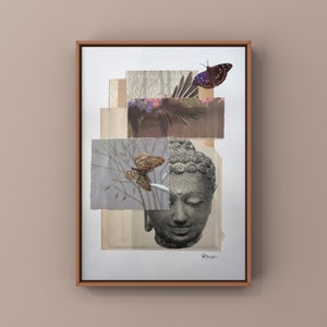 Collage fatto a mano con Buddha, arte collage originale, opera d'arte collage minimale, arte collage contemporanea, carta vintage collage, arte del Buddha