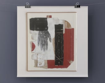 Minimal Abstract Collage Art on Vintage Book Cover, Mixed Media Artwork 13.8x13.8 inches