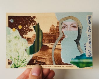 Paris Vintage Postkarte mit Papier-Collage, bunte Kunst, einzigartige Souvenir, Frankreich, Postkarte Kunst, Papier-Collage, kleine Kunst, handgemachtes Geschenk