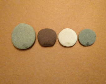 4 Medium and Small Thin, Flat Round Pebbles, Smooth Round Sea Stones, Stackable Sea stones,  Round Stones with Similar  Dent