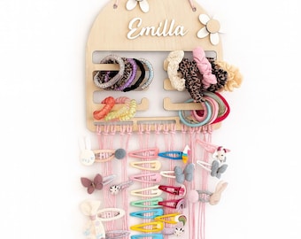 Personalisierter Haarspangen Halter aus Holz – Mit Namen & Blumen, ideal für Haarclips, Schleifen und Haargummis, perfektes Mädchen-Geschenk