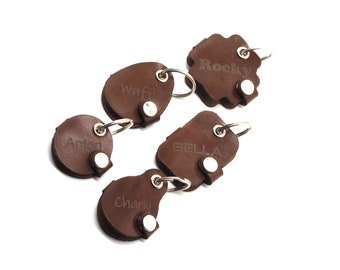 Leather dog tag bag with snap fastener engraving in brown | engraved on both sides | Round, flower, oval and many other shapes
