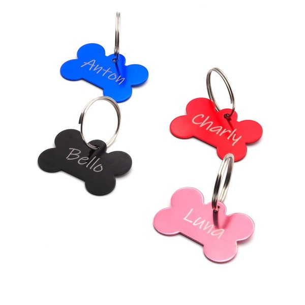 Hundeknochen - Hundemarke - Gravur beidseitig inkl. Schlüsselring | personalisiert, individuell | Rot, Schwarz, Pink, Blau