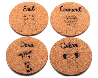 Personalized cork coasters for children with cute animal motifs | Perfect place cards for baptisms and birthdays