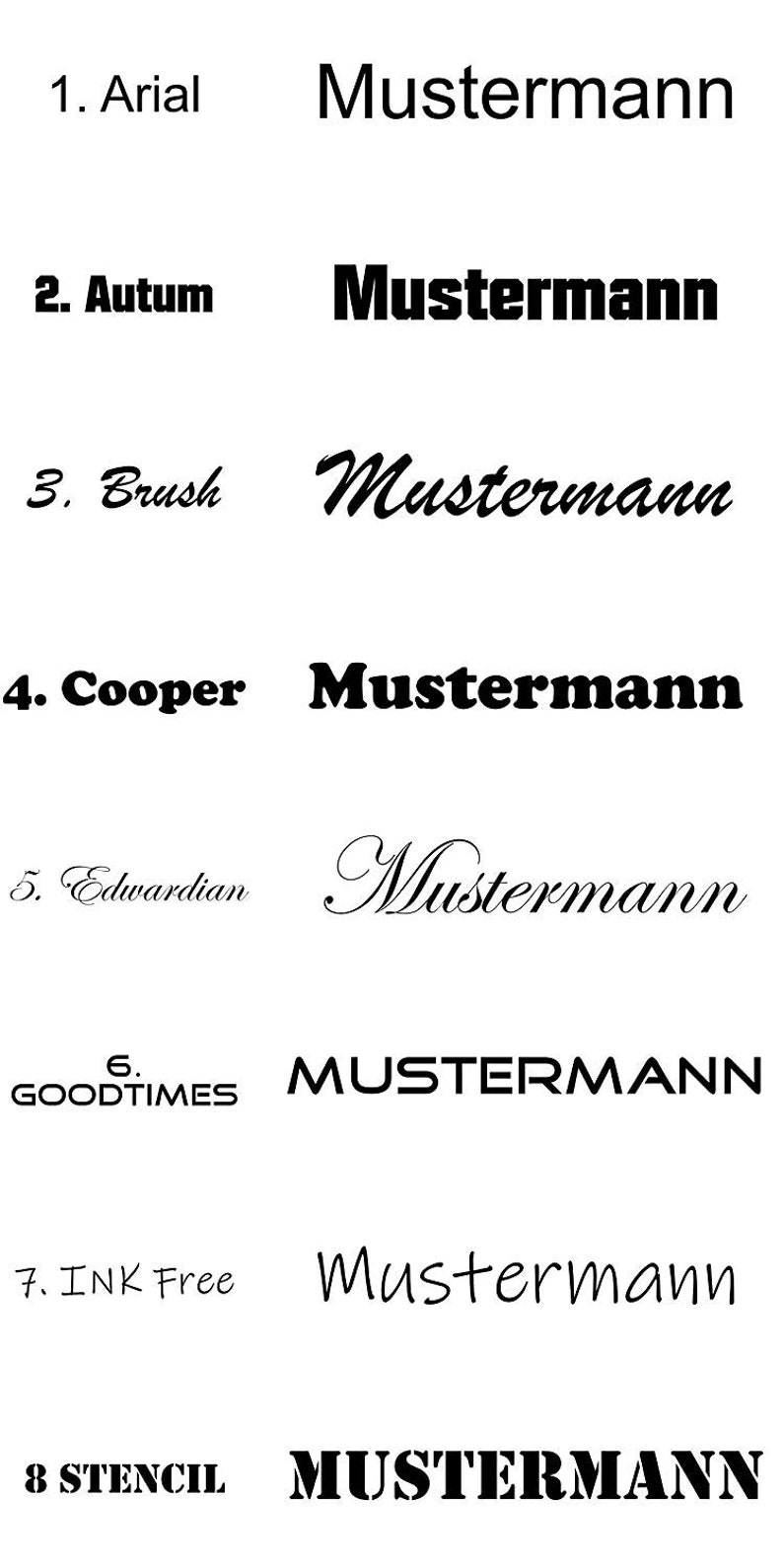 K&ouml;nnte beinhalten: Ein visueller Vergleich von acht verschiedenen Schriftstilen, die jeweils das Wort "Mustermann" anzeigen. Die Schriften umfassen Arial, Autumn, Brush, Cooper, Edwardian, Goodtimes, Ink Free und Stencil.