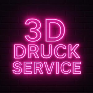 Könnte beinhalten: Pinkfarbenes Neon-Schild an einer Backsteinwand mit der Aufschrift "3D Druck Service".