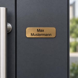 Könnte beinhalten: Ein rechteckiges, messingfarbenes Namensschild mit abgerundeten Ecken und der schwarzen Aufschrift Max Mustermann. Das Metallschild ist auf einer dunkelgrauen Tür neben einem vertikalen silbernen Metalltürgriff zur Kennzeichnung angebracht.