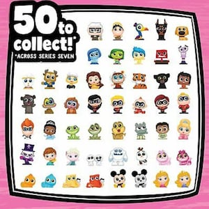 May include: A grid of 50 colorful cartoon character figurines, including characters from Disney and Pixar movies. The text "50 to collect! *Across Series Seven" is at the top of the grid.