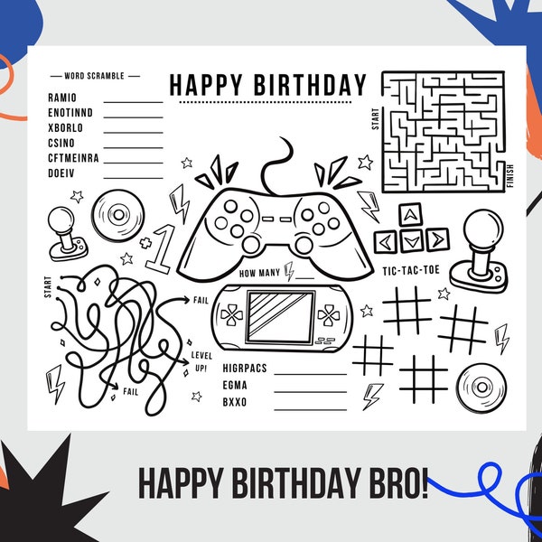 Gamer Birthday Activity Placemat,  Party Placemat, Coloring Placemat, Placemat for Kids, Digital Download, Activity Sheet,  Birthday Craft