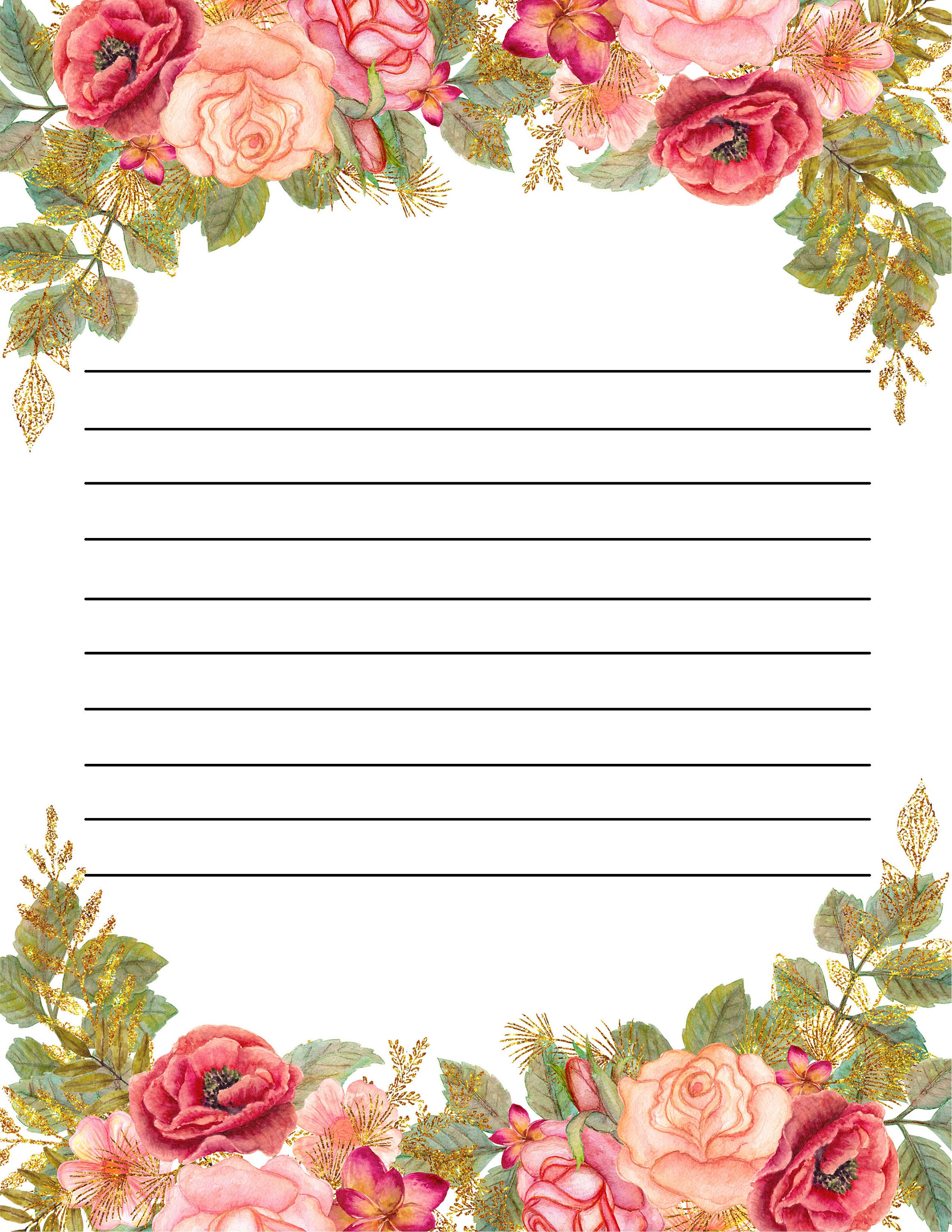 Lined Paper Printable Roses Digital Download/instant - Etsy