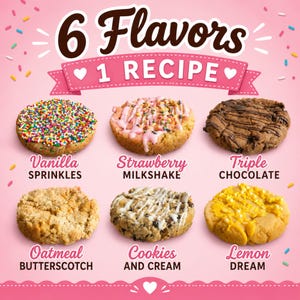 May include: A pink graphic display titled 6 Flavors 1 Recipe featuring six cookies: Vanilla Sprinkles, Strawberry Milkshake, Triple Chocolate, Oatmeal Butterscotch, Cookies and Cream, and Lemon Dream, each labeled with its respective flavor name.