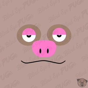 May include: A cartoon illustration of a pig's face with brown eyes, a pink snout, and a black mouth. The background is a light brown color with the words "Blind Eye Pug" repeated in a pattern.