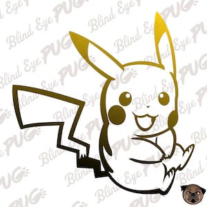 May include: A black and yellow line art illustration of a cartoon Pikachu sitting with its tail curled behind it. The background is white with the words "Blind Eye PUG" repeated in various sizes and orientations.