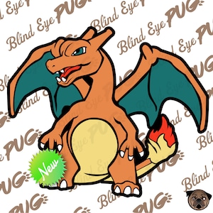 May include: A cartoon illustration of a red, orange, and yellow Charizard Pokemon with teal wings and a flame tail. The Pokemon is standing on a white background with a green starburst sticker that says "New".
