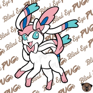May include: A cartoon illustration of a Sylveon character, featuring a white body with pink and blue accents. The character has large, expressive eyes and is outlined in black. The image includes the text "Blind Eye PUG" in a repeating pattern.