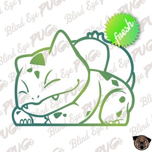 May include: A green and blue line art illustration of a cartoon creature sleeping. The creature is curled up on its side with its head resting on its paw. The illustration is on a white background with the word "fresh" in a green starburst.