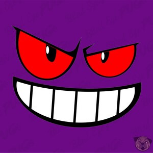 May include: A purple cartoon face with a wide, toothy grin and two red eyes. The eyes are slanted and have black pupils. The face is a simple cartoon style.