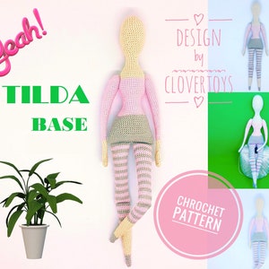Puede incluir: Un patrón de crochet para una base de muñeca Tilda. El patrón incluye instrucciones para hacer una muñeca con piernas rayadas de color rosa y beige, un corpiño rosa y una falda beige. El patrón se titula "Yeah! Tilda Base" y está diseñado por Clovertoys.