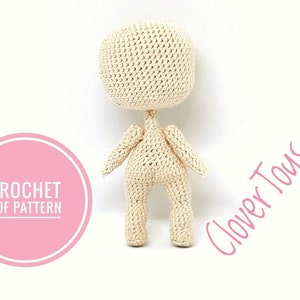 May include: A crocheted doll pattern, with the text "CROCHET PDF PATTERN" and "Clover Toys" on the image.