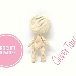 May include: A crocheted doll pattern for a simple, beige, amigurumi doll. The pattern is called "Clover Toys Crochet PDF Pattern".