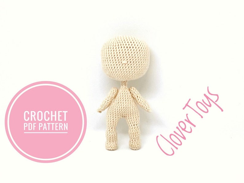 May include: A crocheted doll pattern for a simple, beige, amigurumi doll. The pattern is called "Clover Toys Crochet PDF Pattern".