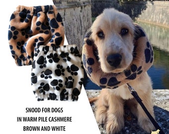 Paws - Dog snood, Made of warm fleece, Paw patterned, Brown and white colors, Cocker spaniel, Dog ears